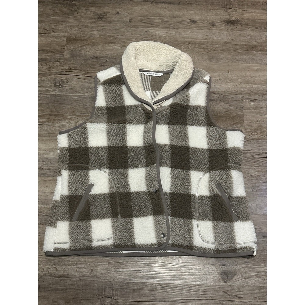 Womens WOOLRICH Buffalo Plaid SHERPA Vest LARGE Brown Shawl Size XL